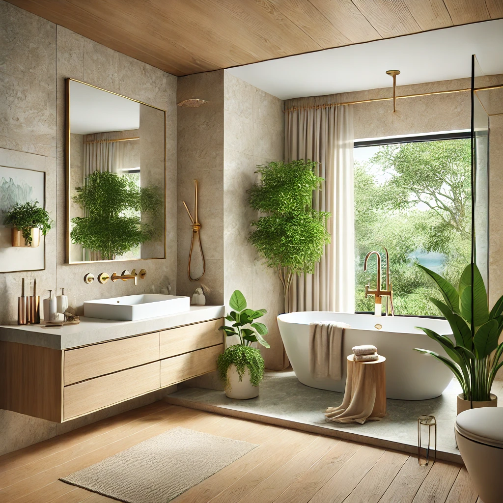 DALL·E 2024 09 05 07.48.06 A medium sized luxury bathroom with a nature inspired design. The bathroom features a freestanding stone bathtub placed near a large window with a vie Privacy Policy - Bathroom Renovation Canberra